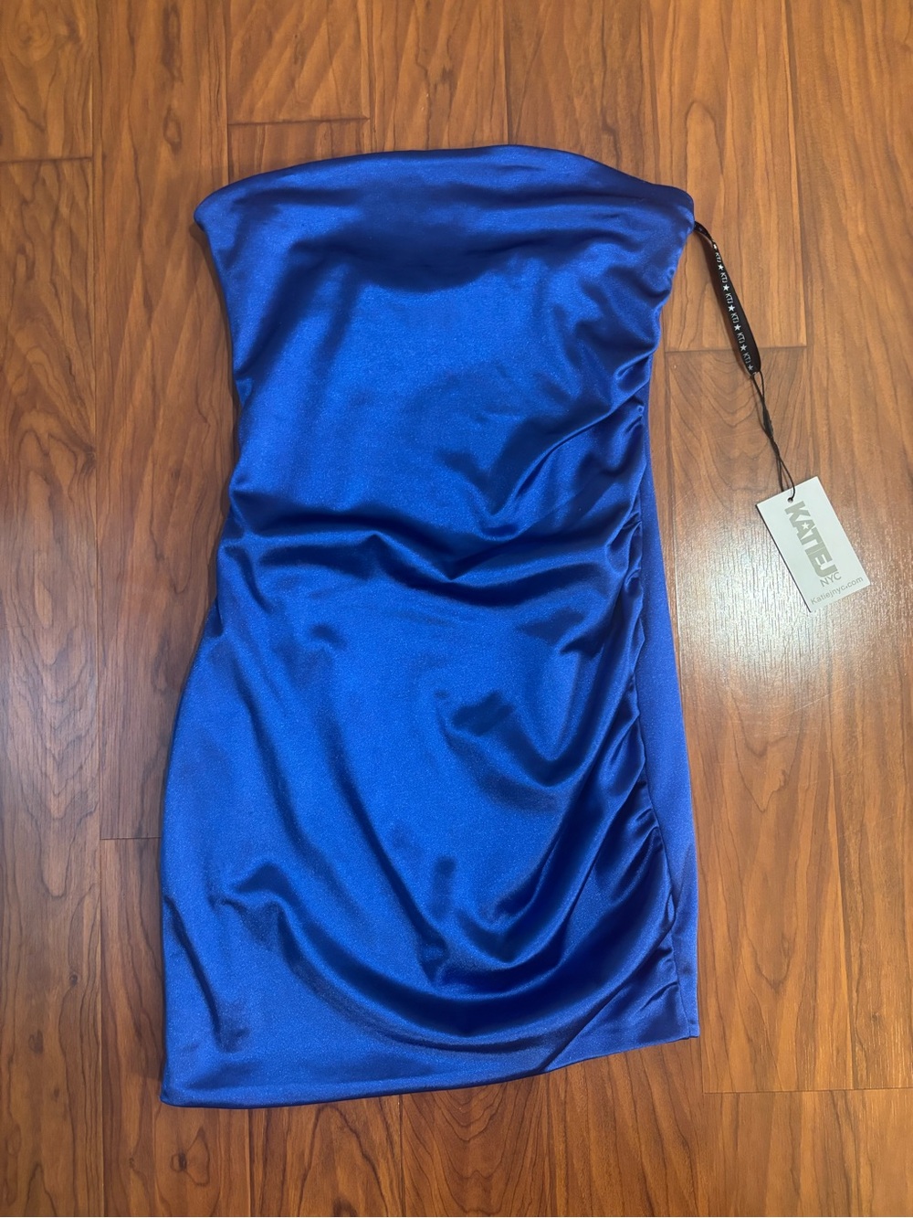 NWT Katie J NYC Tate Asymmetrical Tube Dress Blue Satin Strapless Mini Girls 14